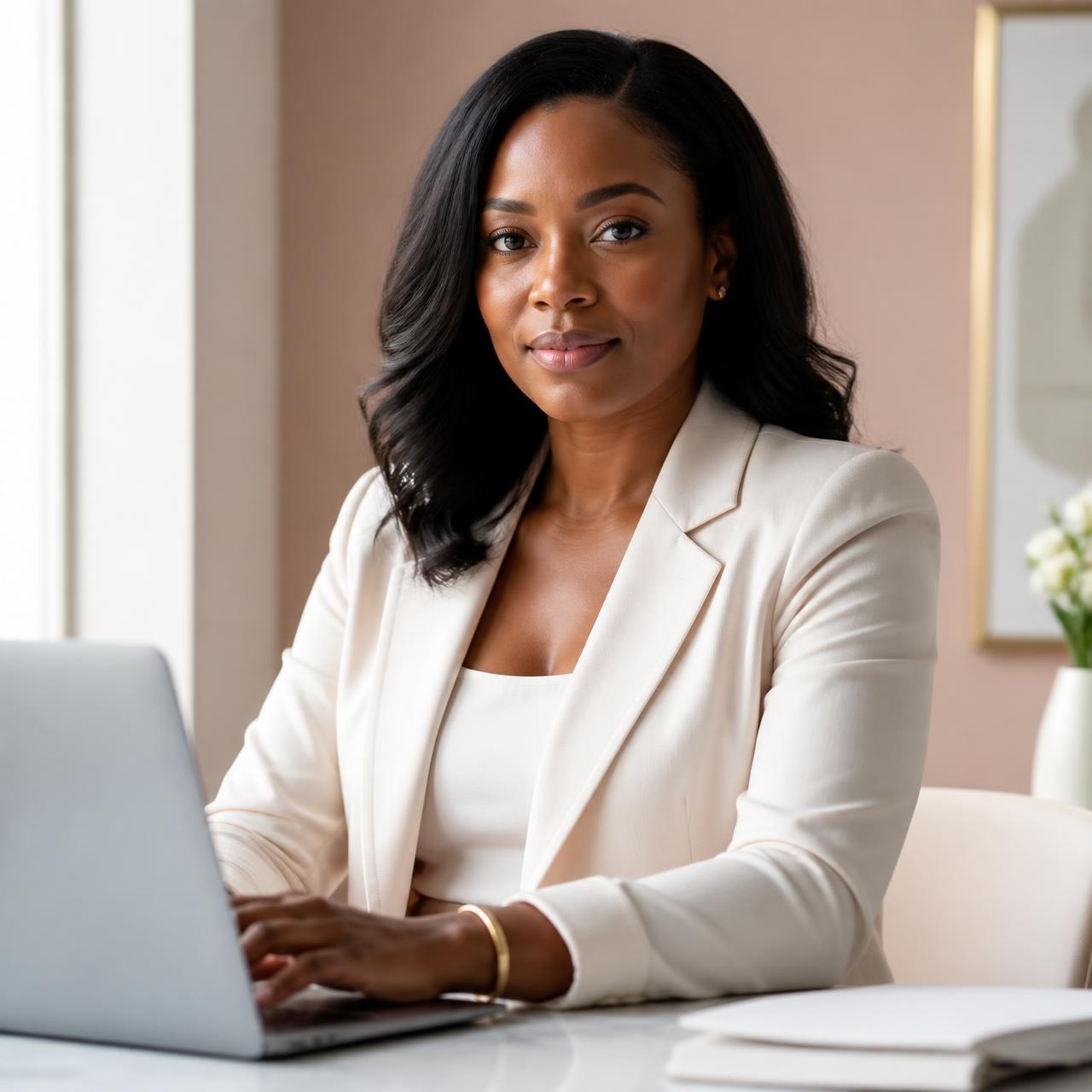 Confident professional woman working on a laptop